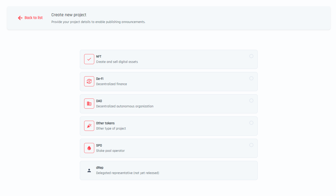 A form with several options to select a project type