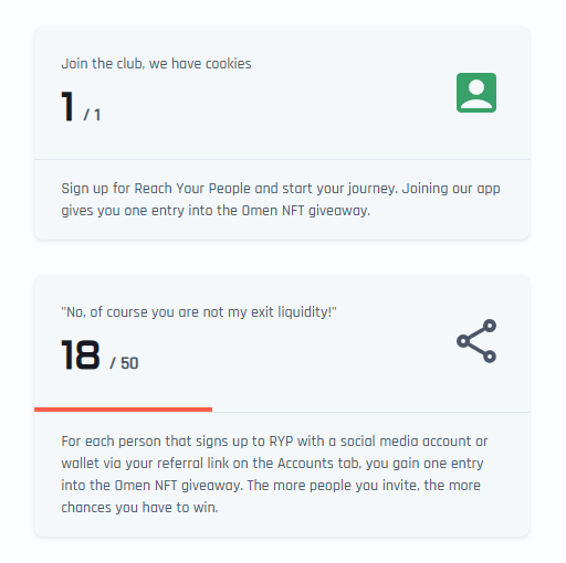 Two user interface cards with achievements, a registration achievement with 1/1 completed and a green person icon, and a referral achievement with 18 out of 50 completed and a share icon.