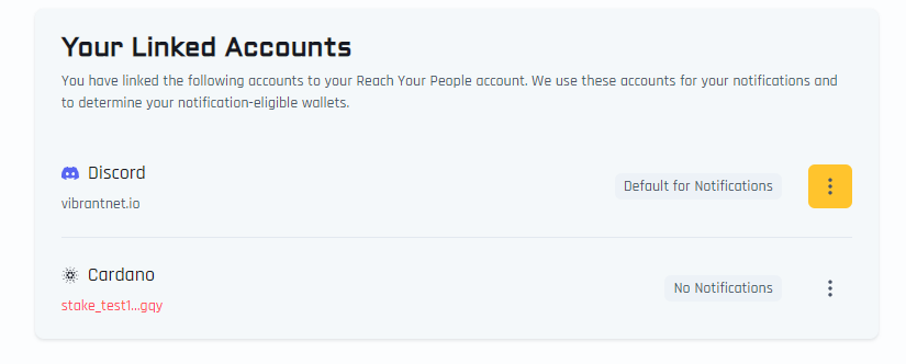 An image showing two linked accounts in RYP, one Discord account and a wallet, with the three dot icon of the Discord account being highlighted